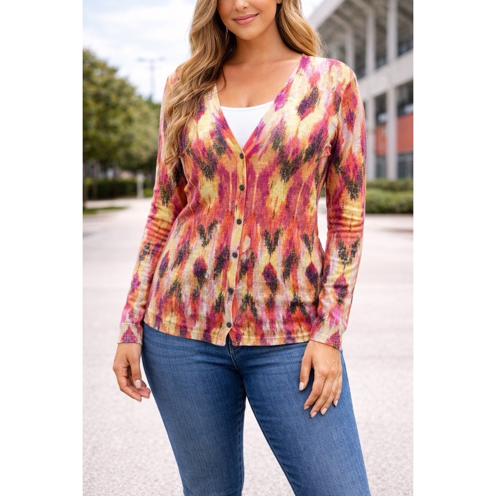 Ann Taylor Silk Linen Blend Cardigan Sweater Women's Medium‎ Ikat Print